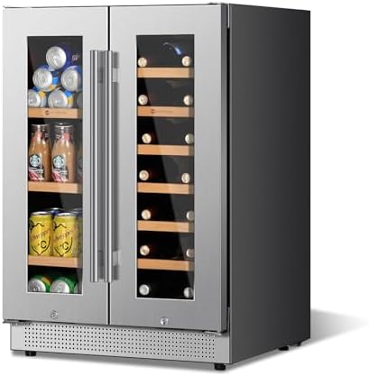 24 Inch Wine and Beverage Refrigerator, 18 Bottle & 57 Cans Dual Zone Built-in Under Counter Cooler Freestanding Cellars Fridge with Upgrade Compressor Tempered Glass Door Lock, Small Chiller
