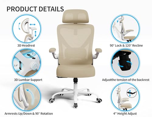 Image of Ergonomic Office Chair - Mesh Desk Chair with Adjustable Lumbar Support High Back Computer Gaming Chairs - Big and Tall Office Chairs Adults, Comfortable for Long Hours, Beige