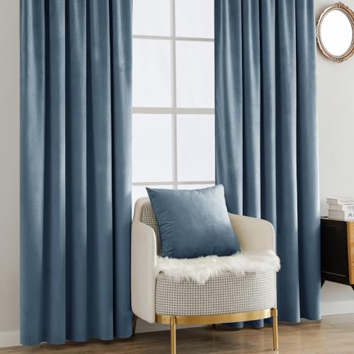 Image of MIULEE Velvet Curtains 52x108 inches 2 Panels Stone Blue Blackout Curtains | Luxury, Bedroom Living Room, Thermal Insulated, Super Soft Light Blue Dusty Blue Window Drapes, Rod Pocket & Back Tab