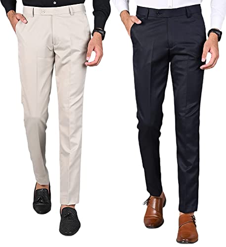 Image of Slim Fit 2 Formal Trousers Combo for Men - Polyester Viscose Formal Pants for Gents - Office Formal Pants for Men