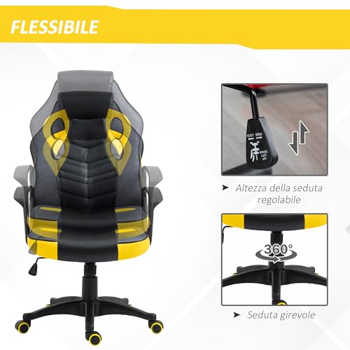 Sedia Gaming Ergonomica, Poltrona da Ufficio Girevole con Rotelle in Similpelle Nera e Gialla, Altezza Regolabile - Sedia gaming - Immagine 3