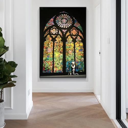 Vitrail église fenêtre art toile 30x50 cm avec cadre intérieur de décoration