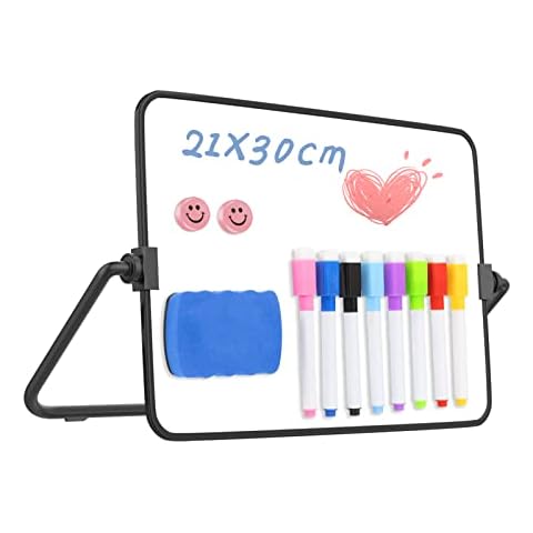 Dry Erase Whiteboard with Stand, 21 x 30 cm Double-Sided Desktop White Board for Kid Student School Home Office (Black) Cover