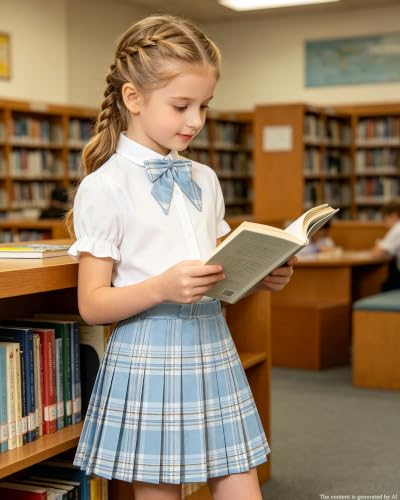 Image of Betusline Girls Skirt Set JK School Uniform 2-Piece Outfit - Short Sleeve Shirt with Bow & Pleated Skirt 4T-14Y