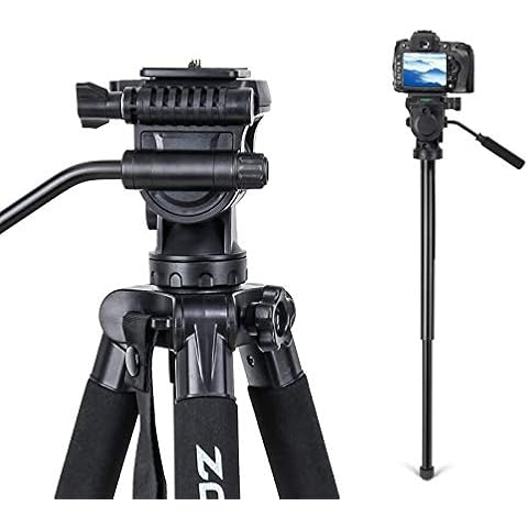 Fluid Head Video Tripod, Stable Tripod with 2-in-1 Monopod,1/4 inch Screws Fluid Drag Pan Head and Carry Bag for Nikon Canon Sony DSLR Cameras Video Camcorders Cover