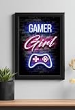 Design de jeu néon : dispose de manettes Xbox et PlayStation avec des accents néon vibrants et des citations de jeu motivantes.