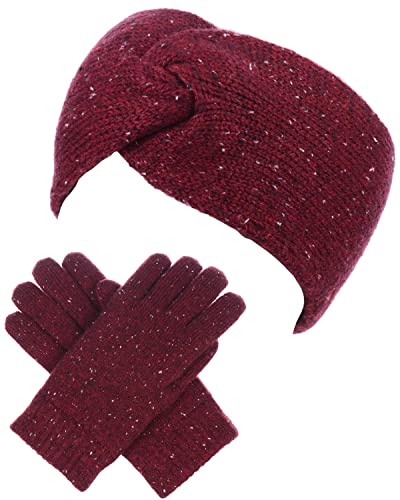 BYOS Winter Solid Toasty Warm Fleece Lined Knit Gloves & Headband 2 PCs Set2