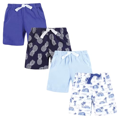 Image of Hudson Baby Infant Boy Shorts Bottoms 4-Pack, Blue Tropical Scene, 3-6 Months