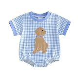 Rourufy Baby Boy Summer Clothes Puppy Plaid Bubble Romper Short Sleeve Onesie Infant Cute Loose Bodysuit Newborn Outfits (C Dog Short Sleeve Blue, 0-3 Months)