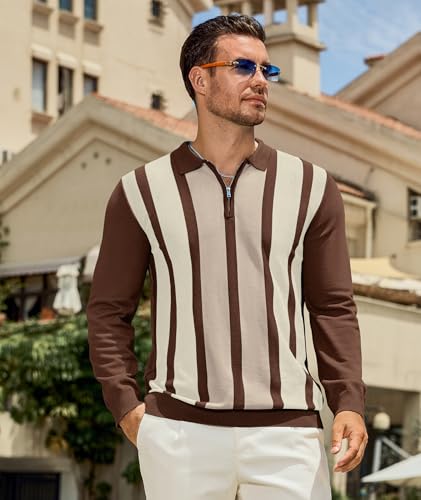 PRIVIMIX Mens Knit Striped Polo Shirts Long Sleeve Fashion Vintage Quarter Zip Pullover Casual Polo Sweater2