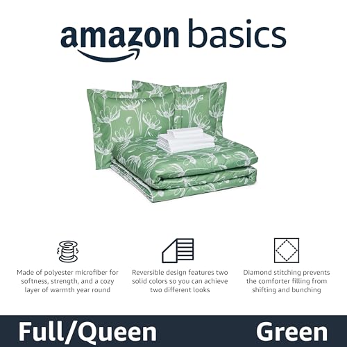 Image of Amazon Basics Lightweight Microfiber Comforter Sets, 7 Pieces, Full /Queen, Green Floral