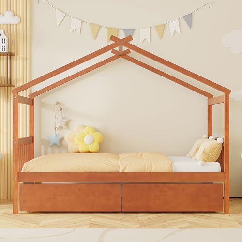 Image of Twin Size Wooden House Bed with Roof Frame and 2 Storage Drawers, Montessori Platform Bed with Headboard and Slat Support for Kids Teens Girls Boys, No Box Spring Needed (Walnut-04, Twin)