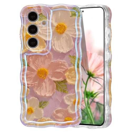 Coque Samsung S24 motif fleur peinture laser rose et cadre ondulé