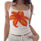 Women Y2k Floral Print Cami Tank Top Scoop Neck Spaghetti Strap Camisole Slim Fit Crop Vintage Going Out Streetwear(B-Orange, S)