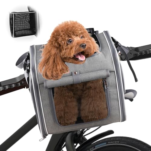 Hundekorb Fahrrad Vorne Faltbar & Erweiterbar, 4-in-1 Hundefahrradkorb mit 4 Öffnungen, Netzfenstern & Regenschutz, Fahrradkorb für Kleine & Mittelgroße Katzen und Hunde bis 10kg (Grau)