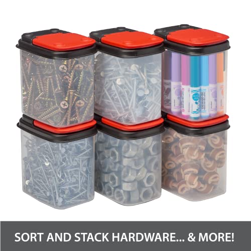 Image of Buddeez Bits and Bolts Storage Containers - Stackable Clear 1 Quart Organizers for Tools and Parts - 12 Pack Red Lid
