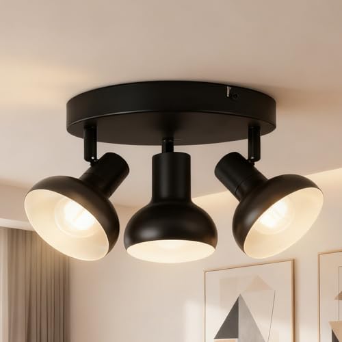 Image of HiBay 3-Light Track Lighting, Farmhouse Ceiling Light Fixtures Black, Directional Spotlight Round for Kitchen Bedroom Dining Room, E12 Base (Bulbs Not Included)