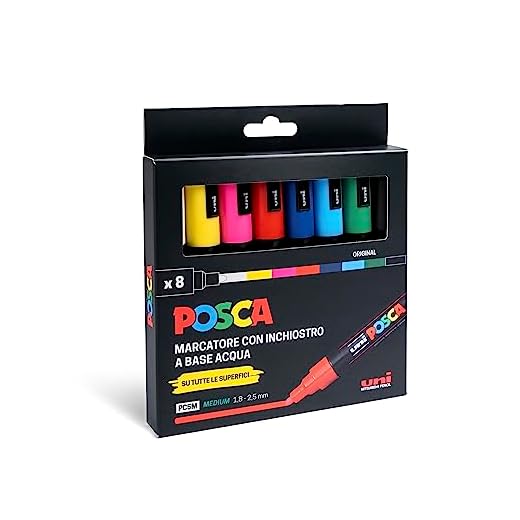 Posca UniPosca - Juego de 8 rotuladores acrílicos surtidos, multicolor de punta redonda media de 2,5 mm - para niños y artistas, para telas, madera, vidrio y otras superficies