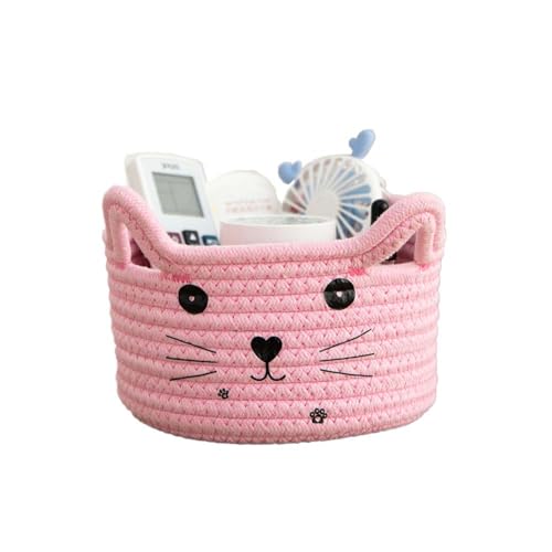 Image of Pet Toy Basket Organzier Cotton Rope Basket Cute Storage Bin Pink Baby Nursery Basket With Ears Gifts Basket For Pet Lover 8.3 x 4.7 inches,Pink