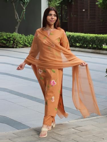 Image of GoSriKi Women Viscose Printed Straight Kurta Set with Pant and Dupatta | Ladies Ethnic Kurta Suit | Indian Regular Fit Long Kurti Set