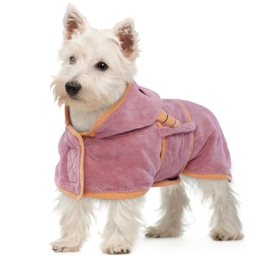 OUOBOB Hundetrocknungsmantel, Hundemantel zum Trocknen von Hunden, rosa Hundetücher für kleine Hunde, Mikrofaser Hunderobe Super mit Kapuze, verstellbare Bauchgurte für Dackel, Yorkie, Chihuahua XS