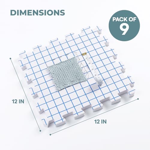 Image of Pack of 9 Blocking Mats for Knitting and Crocheting - Extra Thick Blocking Boards for Crochet Projects - Block Mats for Knitting with Circular Gridlines, 150 T-Pins, and Storage Bag