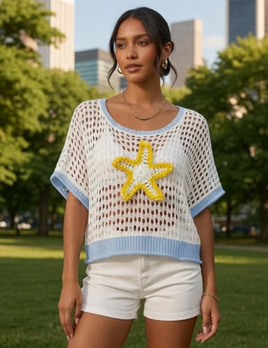 Image of OCSTRADE Summer Crochet Tops for Women Boho Crop Hollow Out Sweaters Beach Vacation Knit Cover Ups