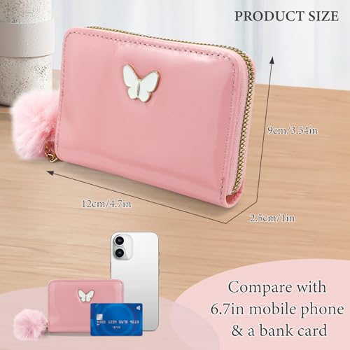 Womens Wallets, PU Leather Small Wallet Credit Card Holder for Women, Cute Wallet Purse Ladies Wallets with Fur Ball Zipper for Shopping, Dating, Travel (pink)2