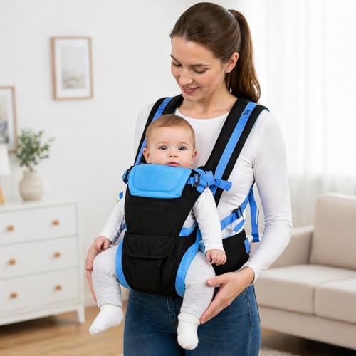 Image of LittleBoo New Born Baby Carrier Bag 4-in-1 Adjustable Baby Sitting Carrier Bag - Front & Back Carry with Head Support, Safety Belt & Buckle Straps for 0-24 Months (Black-Blue)