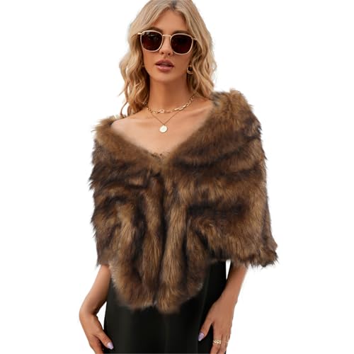 Women Wedding Faux Fur Shawl Shrug Cape with Collar for Bride Bridesmaid Winter Dinner Party Fur Scarf Shoulder Wrap