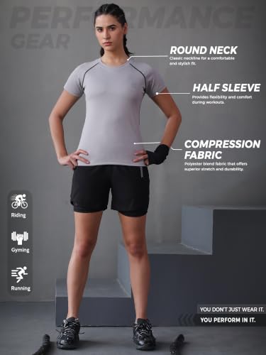 Image of CHKOKKO Women's Compression Gym T-Shirt for Running, Workout, Training, Sports & Activewear | Quick Dry Breathable Stretch Fabric | Body Fit Half Sleeve Athletic Sports Tee for Women