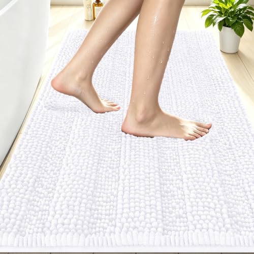Image of Smiry Thick Chenille Bathroom Rugs 30x20, Soft Absorbent Bath Mat, White | Quick‑Dry & Machine Washable, Non‑Slip Bath Carpet, Striped Bath Rugs for Tub & Shower, Modern Home Decor Accessories