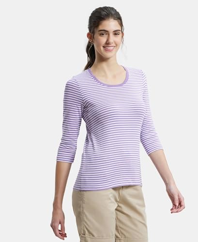 Image of Jockey 1360 Women's Super Combed Cotton Elastane Stretch Slim Fit Striped Round Neck Three Quarter Sleeve T-Shirt
