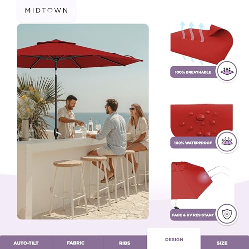 Image of Midtown Umbrellas - The Lean 9 Ft Patio Umbrella with 10-Year-No-Fade Acrylast Acrylic Fabric, Auto-Tilt and 8 Reinforced Ribs for Deck, Pool, Garden, Hotel & Cafes - Regatta Red Canopy, Black Pole