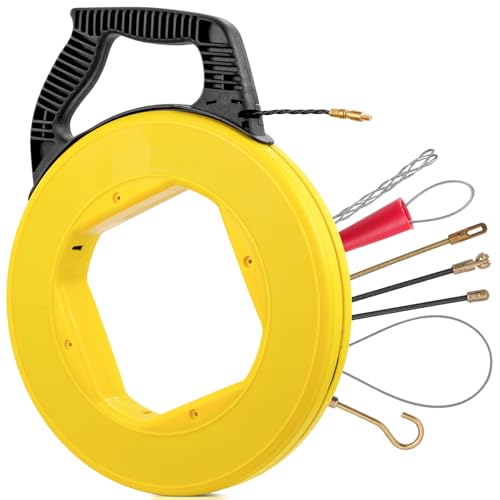 Teodute Electrical Fish Tape 164FT 3.5mm Fish Tape Wire Puller Fiberglass Fish Tape Cable Puller Kit Electrical Fish Tape PET Wire Pulling Tools- Cable Pulling Aid Including 5 Adapters