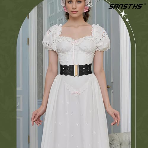 SANSTHS Vintage Stretchy Belt for Women, Womens Wide Elastic Belts for Dresses Coats, Fashion Womens Belts with Gold Buckle