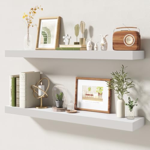 FLYJOE 36 Inch Floating Shelves | 6.5 Inch Deep White Floating Shelves Set of 2 | 36 W x 6.5 D Rustic White Wood Wall Shelves with Invisible Brackets for Bathroom Living Room Bedroom