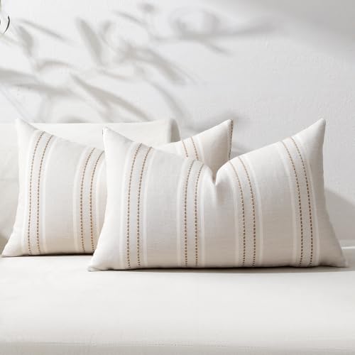 Image of Hckot Throw Pillow Covers 12x20 Set of 2 Tan Pillow Covers Farmhouse Decorative Pillows Textured Linen Square Cushion Covers for Sofa Couch Bed Living Room Decor(Tan)
