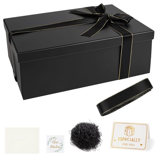 Alaoo Caja de Regalos Negro,29x21x10.5cm, Caja de Regalos Premium,Caja de Regalo Plegable con Tapa,con Lazo,Tarjeta Felicitación yRafia,Cajas,Plegable para Valentín, Navidad, Cumpleaños