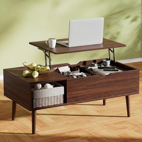 Image of Sweetcrispy Coffee Table Lift Top Coffee Tables for Living Room,Small Rising Wooden Center Tables with Storage Shelf and Hidden Compartment, Dark Brown