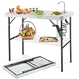 Coperat Fish Cleaning Table with Sink Portable Folding Camping Table w/ 360° Swivel Faucet, Powerful Spray Nozzle, Sharpy Handy Knife, Suitable for Camping, Fishing, Picnic, Black