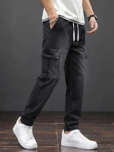 Image of JMIERR Men's Elastic Waist Cargo Jeans Stretch Denim Pants with Drawstring Straight Leg for Casual Daily Wear