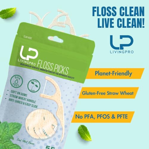 Image of Dental Floss Picks (220 Count) - Mint Flavored Tooth Flossers, Thin Single Thread Floss, Shred-Resistant Smooth Glide for Plaque Removal, Wheat-Straw Handle | Travel Case Holds up to 10