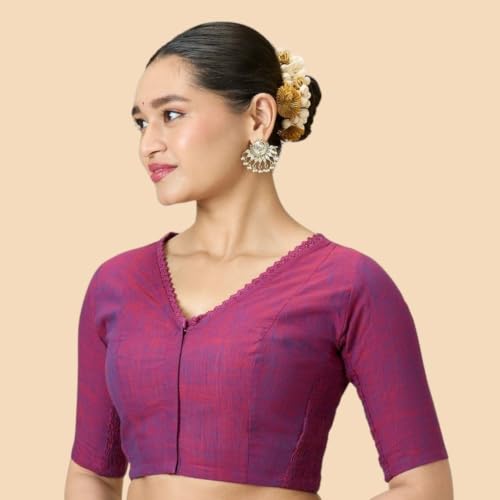 Image of Studio Shringaar Women's Handloom Cotton Side Stretchable (Smocked) Readymade Saree Blouse with Crochet Neckline
