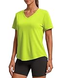Pinspark Tennis Shirts For Women Short Sleeve V Neck Moisture Wicking Workout Tops Quick Dry Athletic Gym Golf T-Shirts,Neon Green Medium