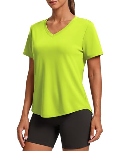 Pinspark Tennis Shirts For Women Short Sleeve V Neck Moisture Wicking Workout Tops Quick Dry Athletic Gym Golf T-Shirts,Neon Green Medium