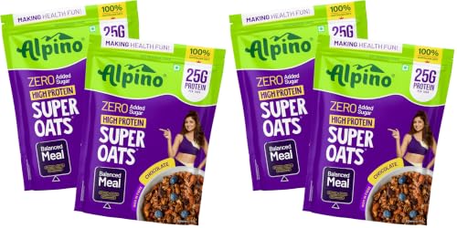Image of ALPINO 25% High Protein Super Oats Chocolate 2kg (1kg, Pack of 4) - Rolled Oats, Natural Peanut Butter, Cocoa Powder, Nuts & Seeds - 25g Protein, Source of Dietary Fibre & Healthy Fats, No Added Sugar & Salt