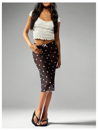 Women's Polka Dots Midi Skirt Elegant Bow Mesh See Through Low Rise Skinny Bodycon Skirts3
