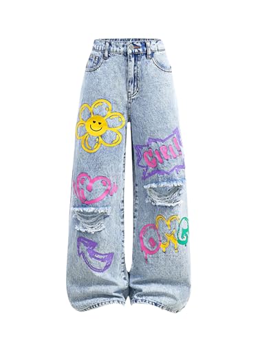 WDIRARA Girl's Cute Cartoon Graphic Ripped Jeans High Waisted Wide Leg Denim Pants
