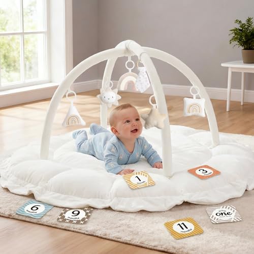 5-in-1 Thick & Plush Baby Play Gym, Baby Play Mats for Floor, Tummy Time Mat with 6 Toys, Convertible Stage-Based Developmental from Babies to...